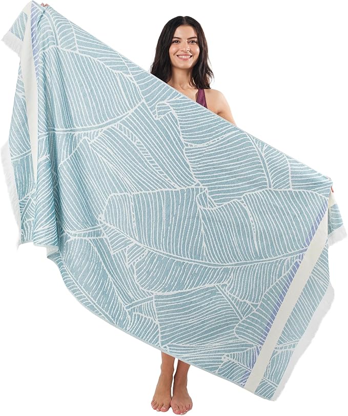 SOFE H&L | LINVIA Foutah Quick Dry Beach Towel Pack of 1 (35” x 70”) Leaves - Green | Lightweight, Premium, Fade Resistant, Durable | Travel Towel, Turkish Beach Towel with Shoulder Strap
