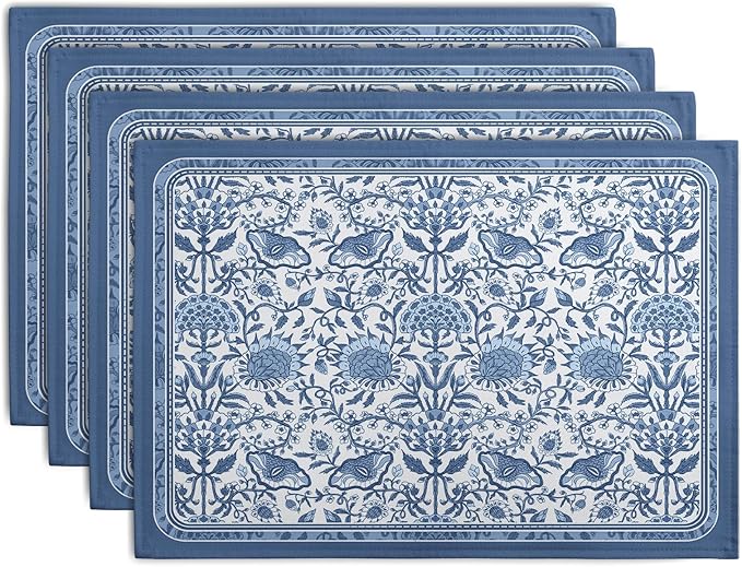 Blue Floral Boho Placemats Set of 4, 12x18 Inch Vintage Chinoiserie Block Print Place Mats Seasonal Spring Summer Rustic Farmhouse Table Mats for Party Kitchen Dining Outdoor Indoor Decor