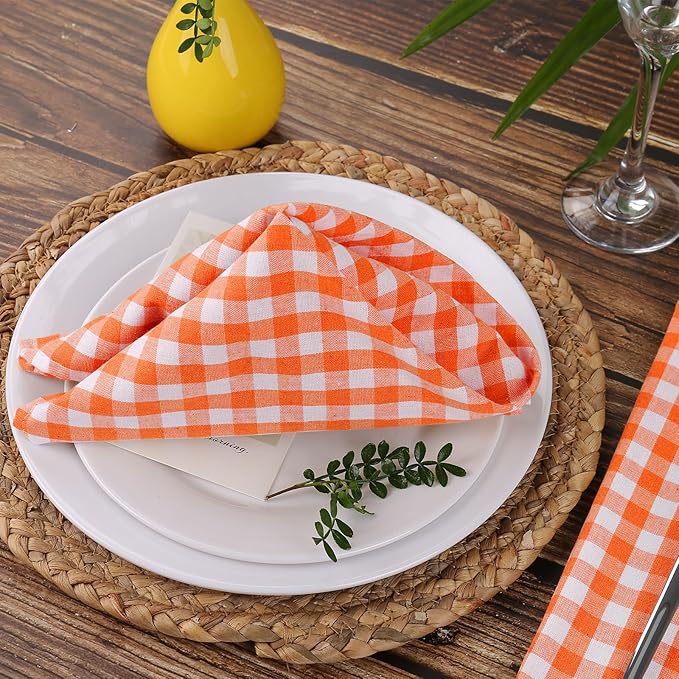 Orange White Buffalo Plaid Cloth Napkins Set of 6, Fall Cotton Table Napkins Washable, Reusable Gingham Cloth Dinner Napkins for Autumn Weeding, Parties, Thanksgiving, Christmas, Dining Celebration