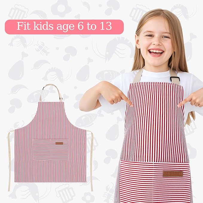 2 Pack Stripes Kids Apron, Kids Cooking Aprons with 2 Pockets, Cute Aprons for Cooking for Boys and Girls