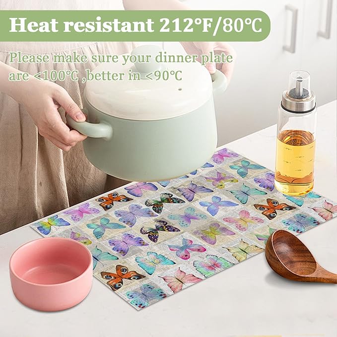 Watercolor Butterfly Placemats Set of 6, Washable Heat Resistant Table Mat Linen Place Mats for Party Kitchen Dining Home Decor 12x18 Inch