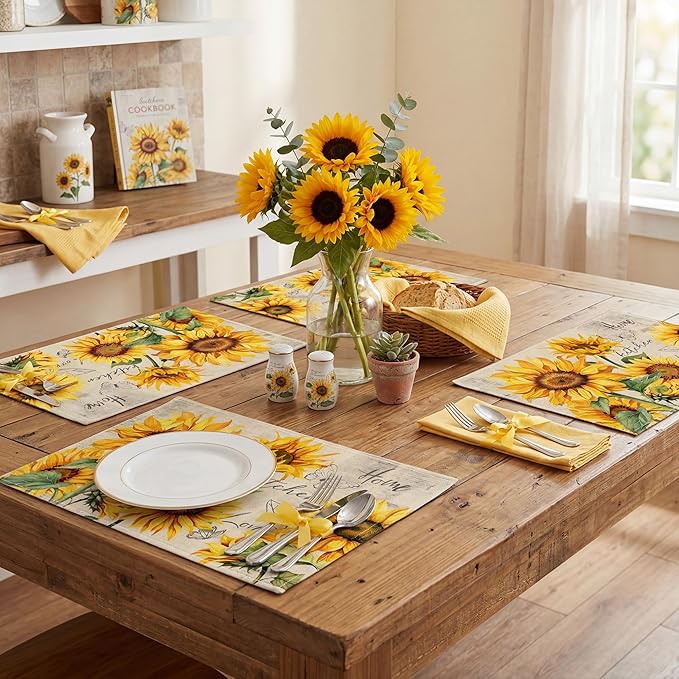 Sunflower Placemats Set of 4, Spring Summer Sunshine Table Mats 12x18 Inch, Farmhouse Washable Table Decor for Kitchen Dining Indoor Outdoor Party Holiday