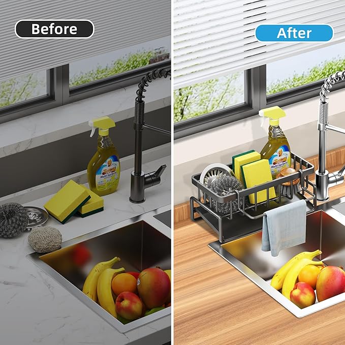 Sponge Holder for Kitchen Sink, Self-Drainage Kitchen Sink Caddy, Rustproof Steel Dish Sponge Organizer with Removable Dishcloth Rack, Soap Dispenser Brush Holder Storage for Bathroom, Black