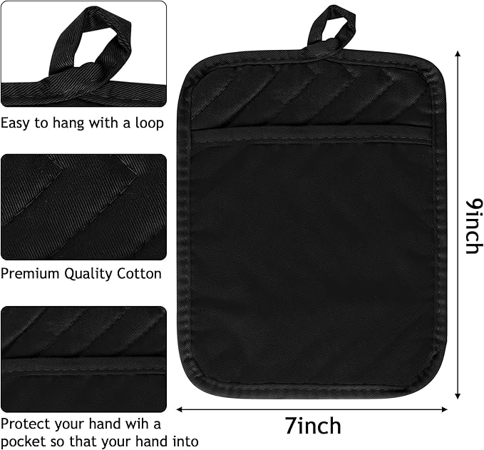 R HORSE 6Pcs Pot Holder with Pocket for Kitchen Black Pot Holders Set Cotton Heat Resistant Potholder Terry Cloth Coaster Hot Pad Oven Mitts Trivet for Baking Cooking 7''x9''