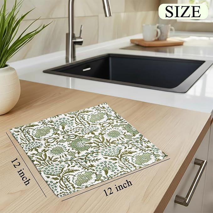 CPC Agate Green Hand Block Printed Cotton Waffle Dish Cloth Set of 6-12x12 Inch Super Absorbent, Soft, Reusable Kitchen Towels for Dish Drying & Cleaning Ideal for Spring, Mother's Day