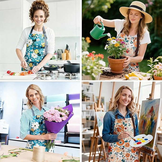 Floral Apron Women, 2 Pack Aprons for Women with Pockets, Waterproof Kitchen Apron Aprons for Cooking, Baking