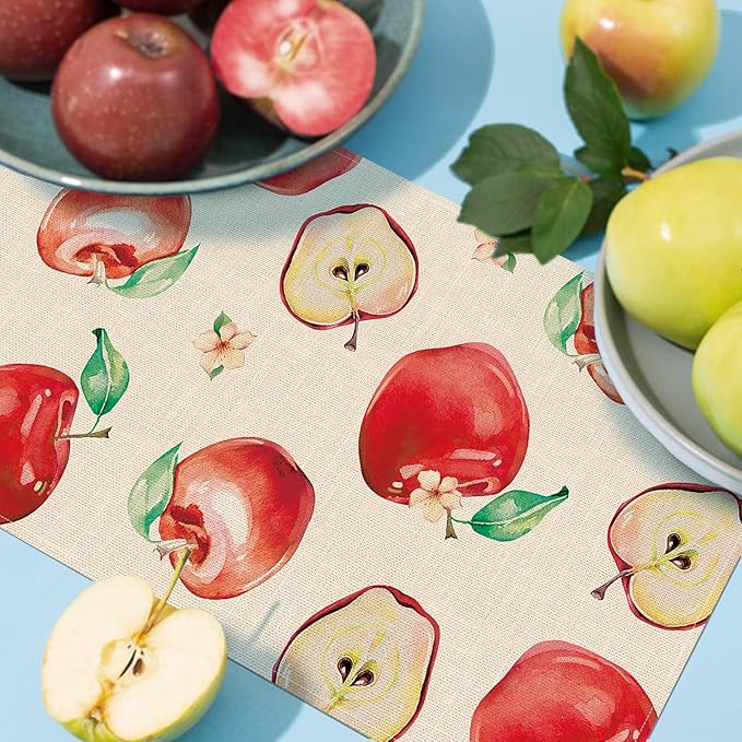 Watercolor Apples Table Runner, Sweet Fruit Kitchen Dining Table Decoration, Spring Summer Burlap Indoor Outdoor Home Decor Party Supply 13 x 36 Inches