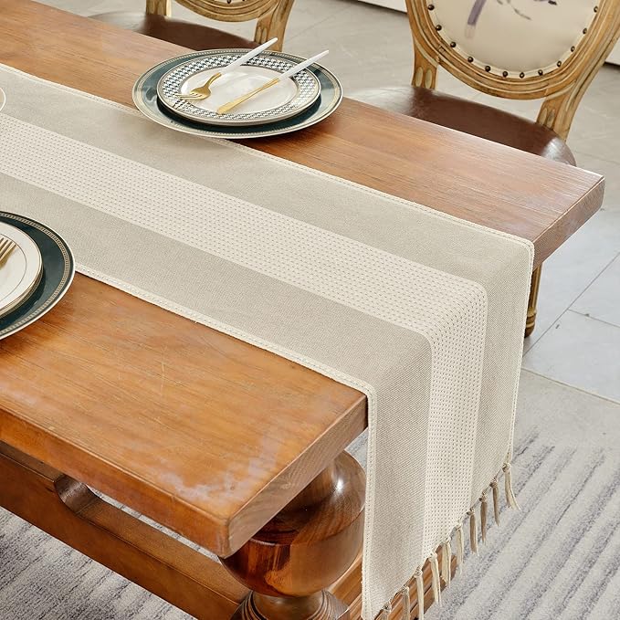 Wracra Linen Table Runner, Farmhouse Macrame Table Runners 90 Inches Long for Dining Table Decor, Wedding, Party and Dresser Decor (Light Coffee,90")