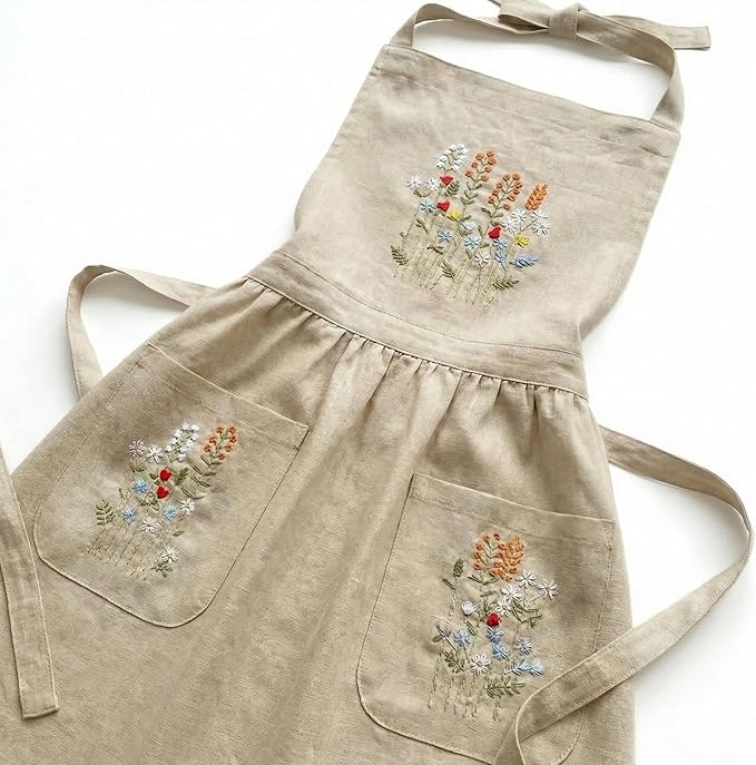 Linen Apron with Hand Embroidered Floral Design, Natural Fabric Apron for Kitchen, Linen Apron with Pockets, Cooking, Baking, Gardening, Florist, Chefs, Artists