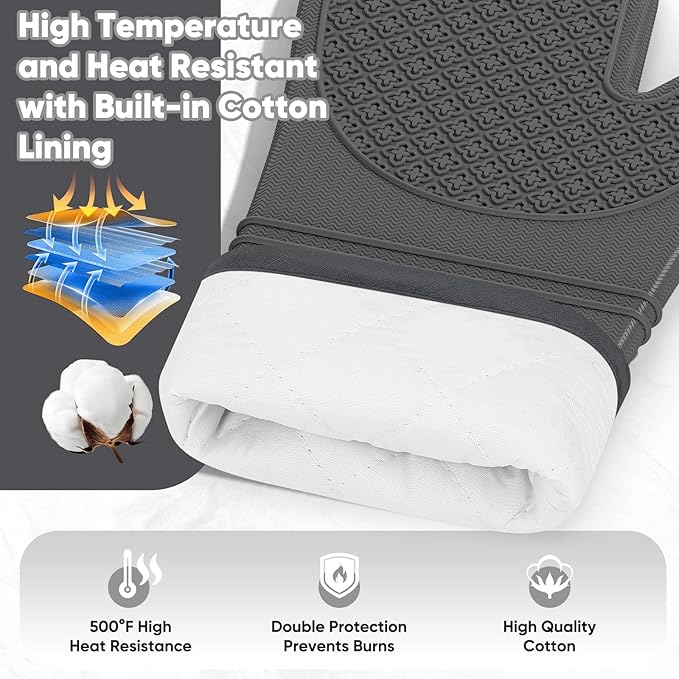 Silicone Oven Mitts, Heat Resistant Oven Gloves with Quilted Liner, Waterproof & Non-Slip Kitchen Mittens for Baking Cooking BBQ, 500°F, 12.5"-Deep Gary