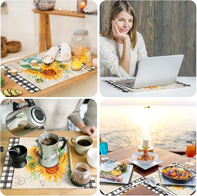 comfoyar Sunflower Vase Placemats Set of 4, 12x18 Inch Non-Slip Linen Summer Daisy Floral Place Mats, Washable Absorbent Butterfly Checkered Table Mats for Kitchen Dining Party Table Decoration