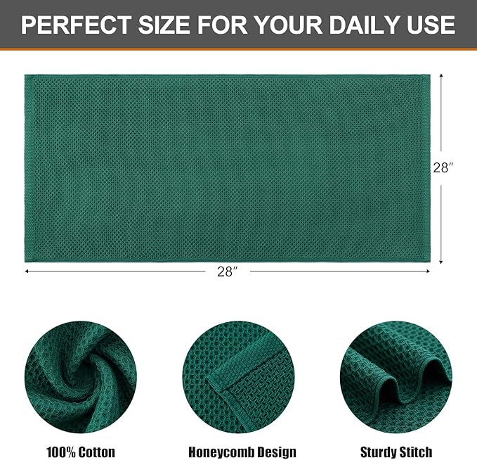 Kitinjoy 100% Cotton Waffle Weave Kitchen Hand Towels (13 X 28 Inches, Dark Green), 8-Pack Super Soft and Absorbent Dish Towel for Drying Dishes