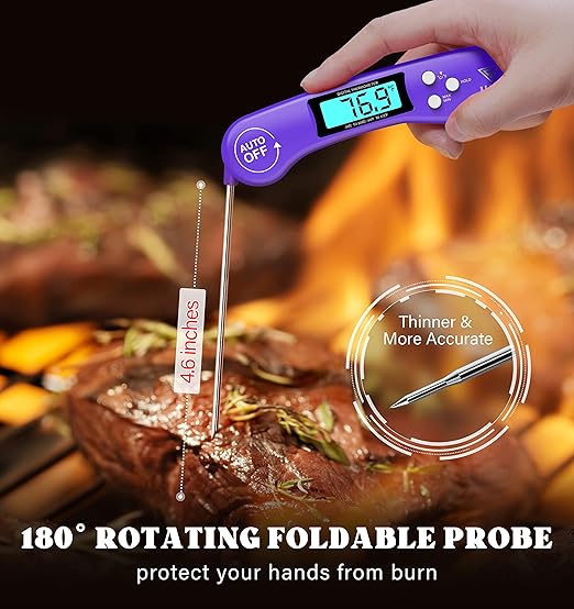 DOQAUS Digital Meat Thermometer, Instant Read Food Thermometer for Cooking with Backlit & Auto-Rotating Display, 4.6” Probe for Grilling, Baking, and Perfect BBQ - Purple