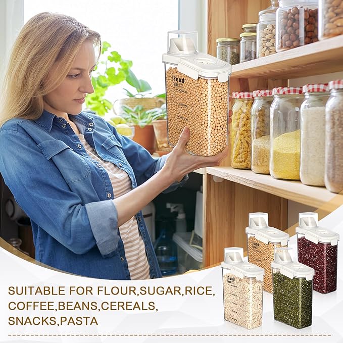 Blushtier 4 PCS Cereal Containers Storage 2.5L Airtight Large Dry Food Containers with Pouring Spout Cereal Storage Dispenser Measuring Cup for Flour and Baking Supplies, White