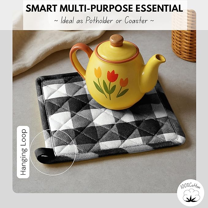 Native Fab Buffalo Plaid Check Oven Mitts and Pot Holders Set of 4, 100% Cotton Heat Resistant Kitchen Gloves, 2 Oven Mitts (7x13), 2 Pot Holders (8x8) for Cooking & Baking, Black White