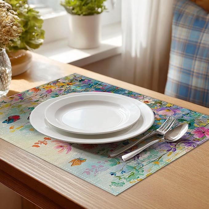 HOMETITUTE Placemats Set of 4 12x18 inch Spring Table Mats for Dining Table Floral Field Linen Placemats Farmhouse Decorations Kitchen Decor Desk Mat for Outdoor Home Party Kitchen Seasonal Dining
