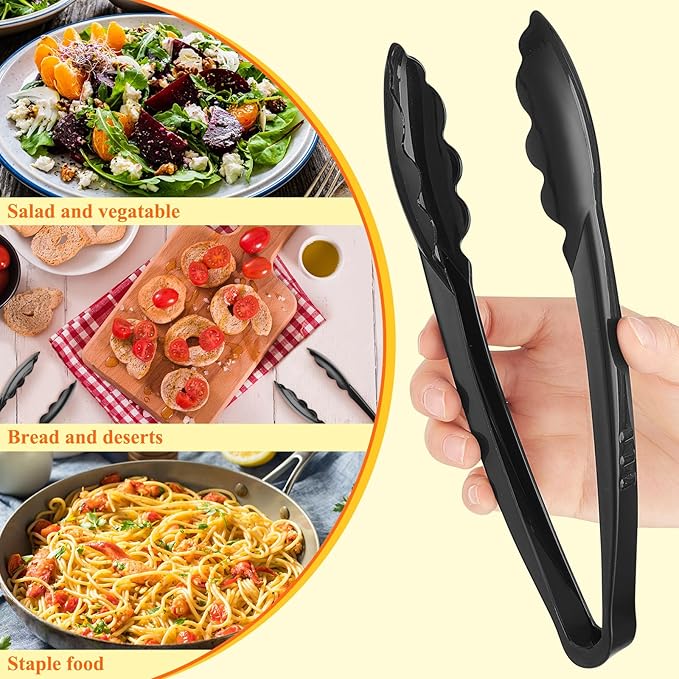 Tessco for you 200 Pcs Plastic Tongs for Serving Bulk, 9 Inch Plastic Disposable Serving Tongs, Heavy Duty Salad Tong for Kitchen, Buffet, BBQ, Events & Catering (Black)