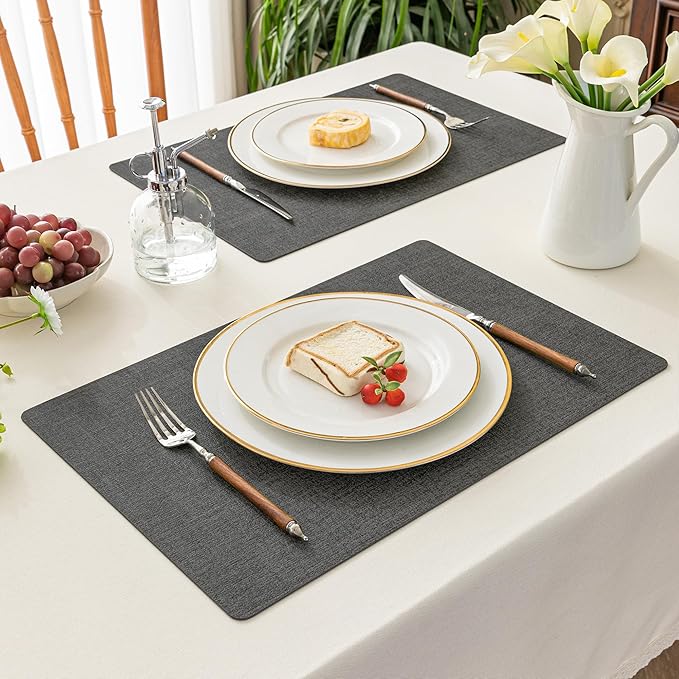 Romanstile Vinyl Placemats Set of 6-12 X 17 Inch - Faux Leather 100% Waterproof Oil-Proof Wipeable Place Mats, Heat Resistant Reversible PU Table Mats for Kitchen Dining Party Outdoor, Charcoal