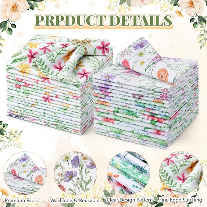 Nuogo 36 Sets Wildflowers Cloth Napkins 15" x 15" Floral Dinner Cloth Napkins Reusable Spring Floral Fabric Hand Towels for Wildflowers Spring Garden Baby Shower Party Table Decor
