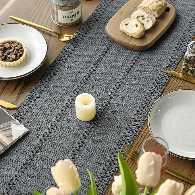 Artoid Mode Dark Grey Farmhouse Woven Rustic Hollow Table Runner, Seasonal Holiday Hollow Kitchen Dining Table Decoration for Home Party Decor 12x72 Inch