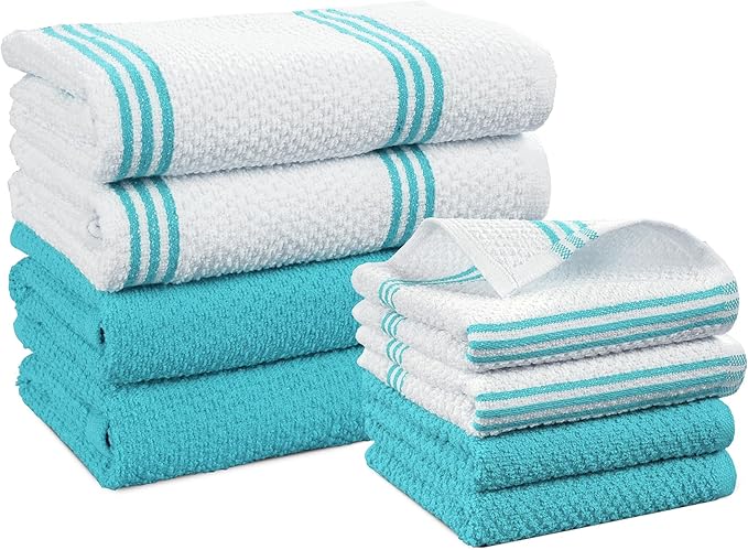 Casa Platino Kitchen Towels and Dish Towels for Kitchen, Cotton 8 Piece Set Includes 4 Hand Towels & 4 Dish Cloths, Refresh Your Prep Space with Vibrant, Quick-Dry Utility – Aqua