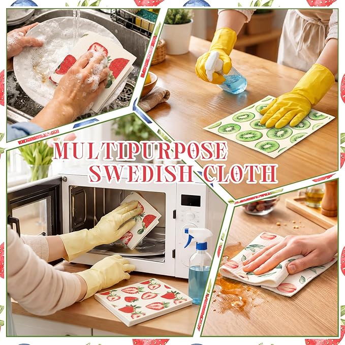 Tegeme 8 Pcs Fruit Swedish Dishcloth Kitchen Swedish Dish Towels Absorbent Cotton Reusable Strawberry Lemon Pineapple Watermelon Kitchen Towels for Summer Home Party Housewarming Cleaning, 6.8 x 7.7''