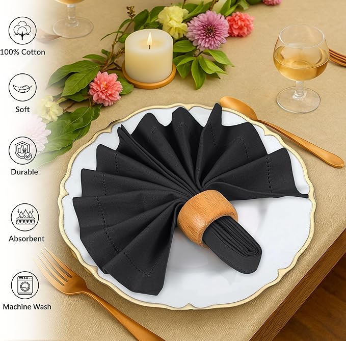 Ruvanti Cloth Napkins Set of 12, 100% Cotton High GSM 18x18 Inches, Hem Stitched Corners, Soft, Washable, Durable & Absorbent, Perfect for Parties, Christmas, Thanksgiving Dinners – Black Beauty