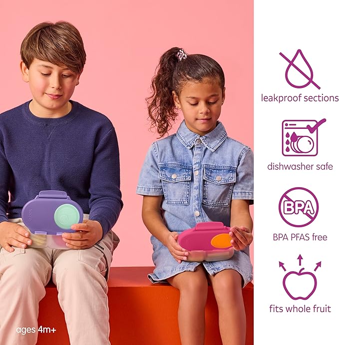 b.box Snack Box 2-Pack - Leak Proof Mini Bento Box for Kids & Toddlers, 2 Compartment Snack Containers for Kids, Dishwasher Safe, BPA-Free, PFAS-Free, Ages 4mo+, 1 3/4 Cup Each (Strawberry + Lilac)