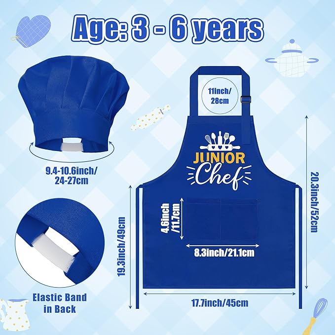 GROBRO7 4Pcs Kids Apron and Chef Hat Set Gift for Girls Boys Junior and Little Chef Identity Adjustable Kitchen Child Aprons with 2 Pockets Waterproof Smocks Hats for Baking Cooking Painting Training