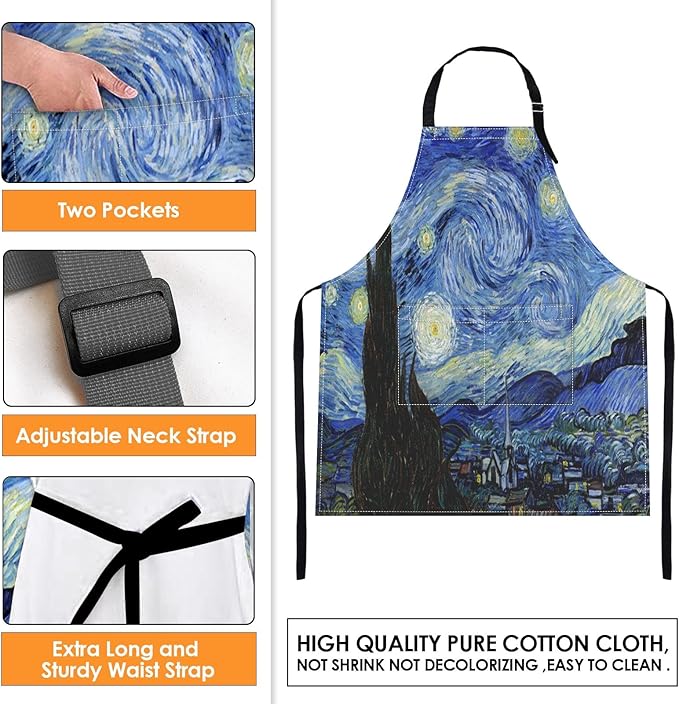 Britimes Apron Home Kitchen Cooking Baking Gardening for Women Men With Pockets Starry Night Oil Painting 32x28 inch