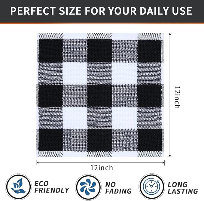 Mordimy 100% Cotton Waffle Weave Plaid Dish Cloths, 12 x 12 Inches, Super Soft and Absorbent Quick Drying Buffalo Check Dish Rags for Kitchen, 8-Pack, Black & White