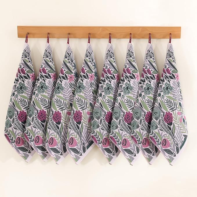 Kitchen Towels Set of 8 100% Cotton Hand Towels Dish Towels with Hanging Loop Absorbent Reusable for Cleaning Cute Design Home Decorative, Vintage Flower- 16x15 Inch