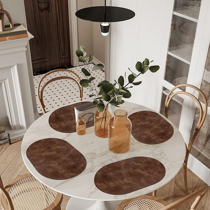 ADRIMER Placemats, Heat Resistant Oval Placemats Set of 8 Washable 12 x 17 Inch, Waterproof Table Mats, Wipeable Pu Place Mats for Kitchen, Dining Room, Brown