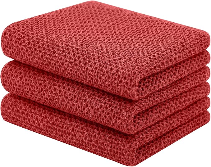 Homaxy 100% Cotton Waffle Weave Kitchen Towels, 3-Pack Ultra Soft Absorbent Dish Towels, Quick Drying Cleaning Towels, 13 x 28 Inches, Brick Red
