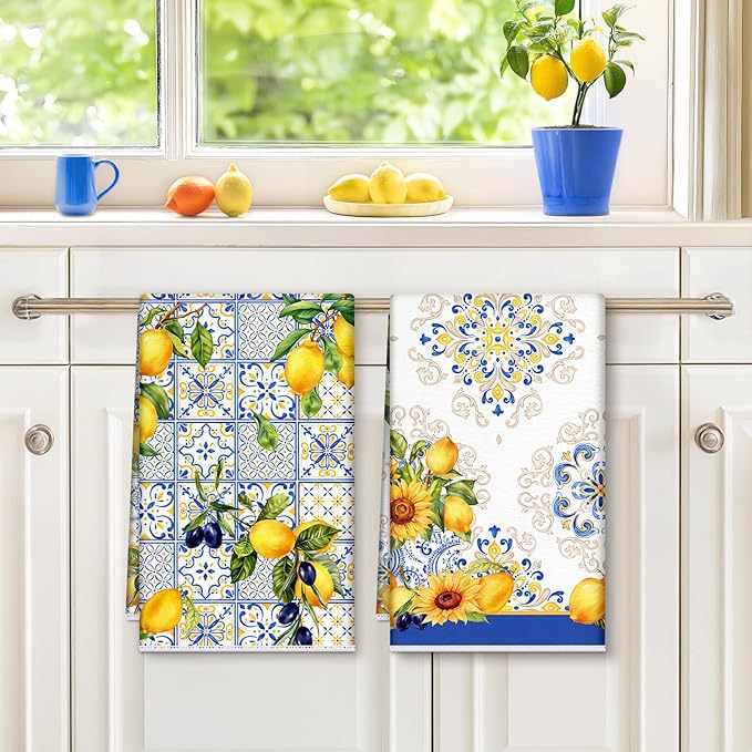 Lemon Floral Microfiber Kitchen Towels, Soft Absorbent Hand Towel 15.7 × 23.6 inch, Thick Dish Cloth for Party Anniversary Holiday Decoration, Housewarming Gifts for Mom
