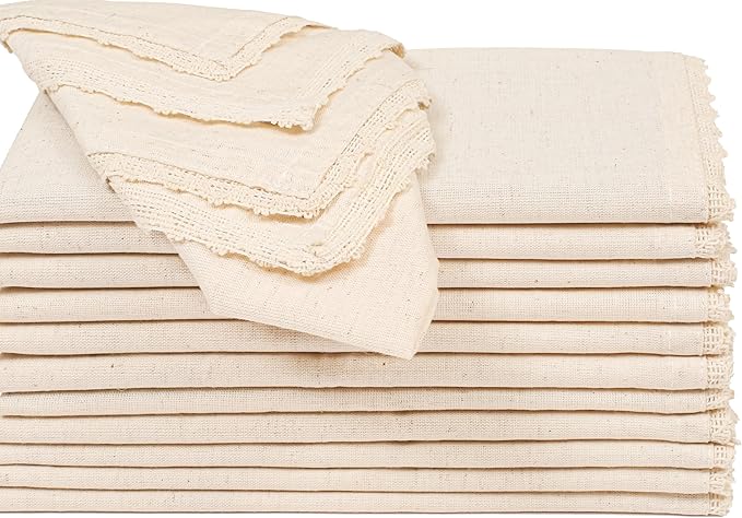 Lightnpro Cloth Dinner Napkins in Cotton Flax Fabric with Lace & Tailored Mitered Corners – 18x18 Inch Set of 12, Wedding, Baby Shower & Cocktail Napkin, Machine Washable Fabric Napkins Natural Color