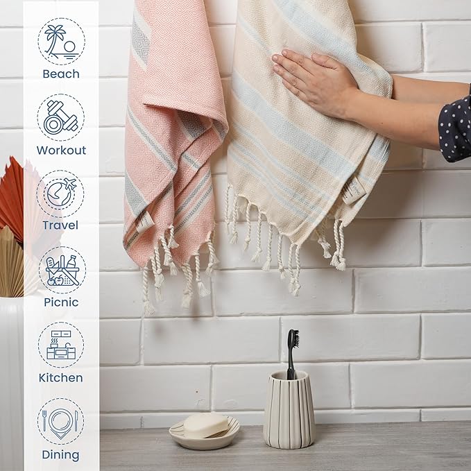 The Fine Living Co. Turkish Hand Towels - Set of 2 | 100% Cotton - Kitchen and Bathroom Decorative Hand Towels for Bath, Guest, Face, Hair, Tea, Dishcloth | 40”x18” (Beige & Red)