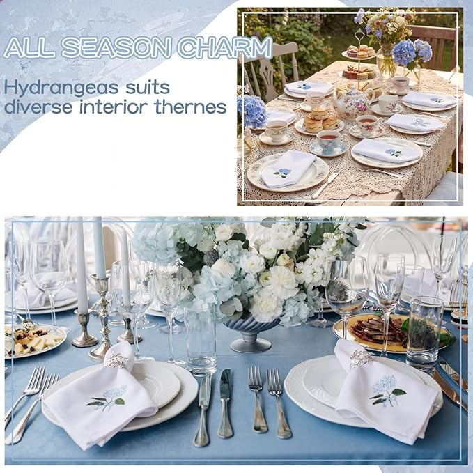HunnmingRe 12 Pcs Blue Hydrangea Cloth Napkins Bulks 100% Cotton Spring Floral Dinner Tea Party Cocktail Napkins Embroidered Handtowel Country French Reusable Washable for Kitchen Weddings 17x17inch
