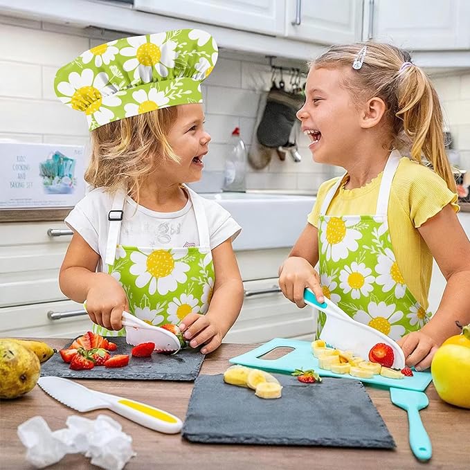 Kids Chef Hat and Apron, Adjustable Kids Aprons with Pocket Girls Boys Kitchen Toddler Aprons for Cooking Baking
