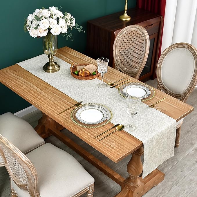 Farmhouse Rustic Faux Linen Table Runner Neutral Beige Table Runners Double Layer Reversible Rectangle Runners for Daily Use Kitchen Dining Banquet Holiday 13x60 Inch