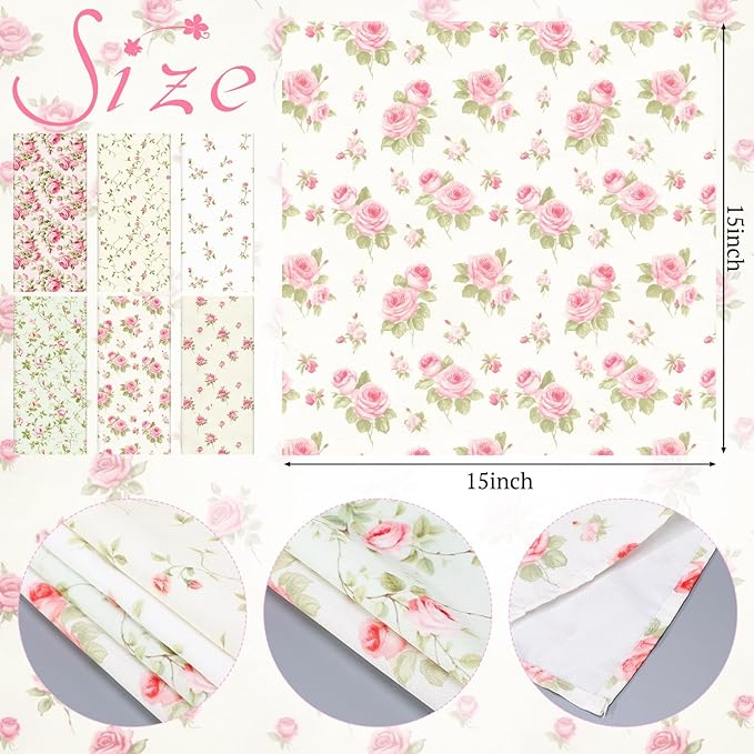 Floral Cloth Napkins 6 Patterns Washable Dinner Tea Party Napkins Reusable Plant Flowers Square Napkin Cotton Towel Decorative for Spring Wildflower Party(Pink Rose,24 Pcs)