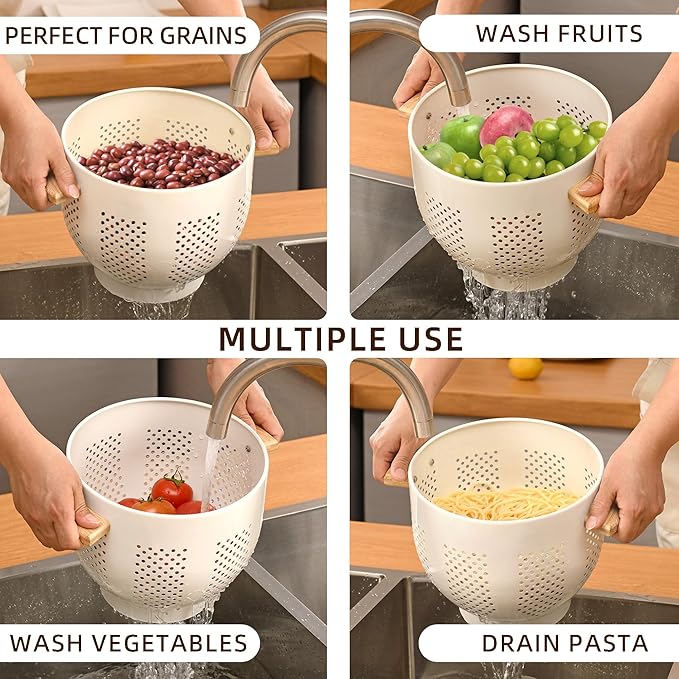 Metal Colander with Wood Handle and Stable Base, 5.5 Quart Powder Coated Steel Kitchen Strainer Basket for Draining Pasta, Vegetable and fruit,Cream