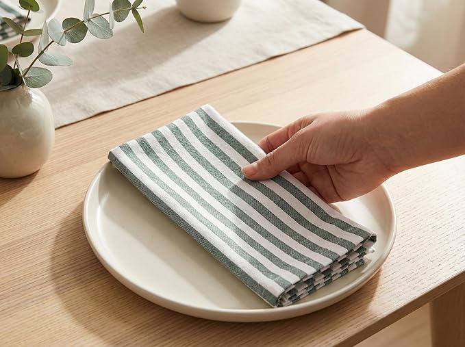 PurpleEssences Plain Striped Cloth Napkins - Set of 12-100% Cotton - 18 x 18 Inch - Spring Easter Summer and Perfect Everyday Use Dinner Napkin - Forest Green and White