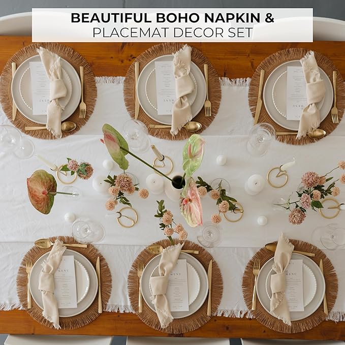 Decorative Boho Table Placemats Set of 6 with Matching Linen-Textured Napkins - Beautiful Natural Decor Elevates Your Dining Room or Kitchen Setting - Easy to Style & Mix with Linen Inspired Material