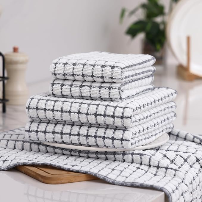 Homaxy Kitchen Towels and Dishcloths Set, 16 x 25 and 12 x 12 Inches, Set of 12 Cotton Terry Kitchen Dish Towels, Super Soft and Absorbent Dish Cloths, Grey