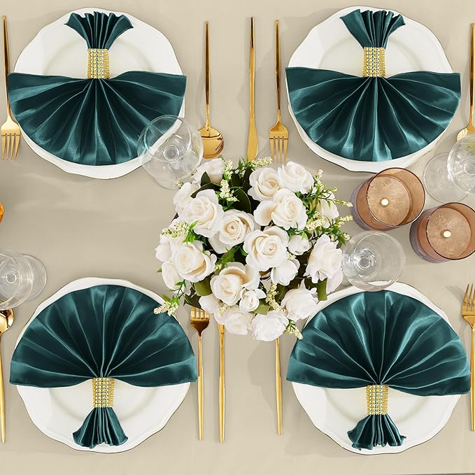 RUDONG M 100 Pcs Dark Green Satin Napkins and Napkin Rings Set, 17 x 17 Inch Square Cloth Napkins Set of 50, Silky Soft Table Napkins Bulk for Weddings, Banquet, Parties Dinner Decoration