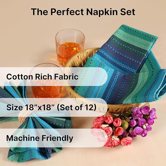 LFH Home Cotton Rich Cloth Salsa Napkin Set of 24 Washable Soft Durable Striped Table Napkins for Dining Wedding, Daily Use Reusable Eco-Friendly Napkins for Elegant Table Settings(18x18)-Teal
