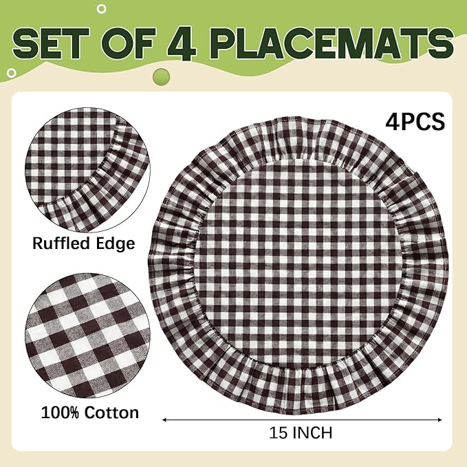 4 Pcs 15 Inch 100% Cotton Scalloped Round Placemats, Thin Brown Gingham Place Mats with Ruffle, Washable Placemats Table Mats for Kitchen Dining Holiday Gatherings Decor
