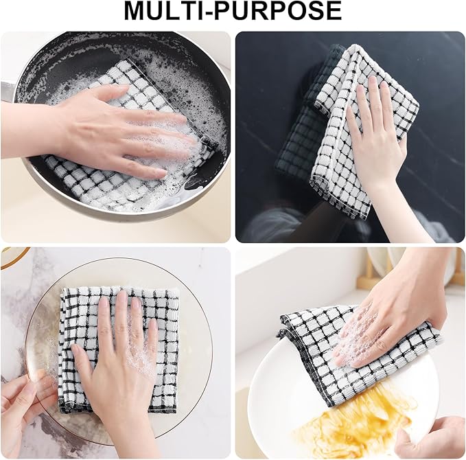 Kitinjoy Cotton 24 Pack Terry Kitchen Dish Cloths, 12 x 12 Inches Super Soft and Absorbent Dish Rags, Quick Drying Dish Towels for Washing Dishes, Black