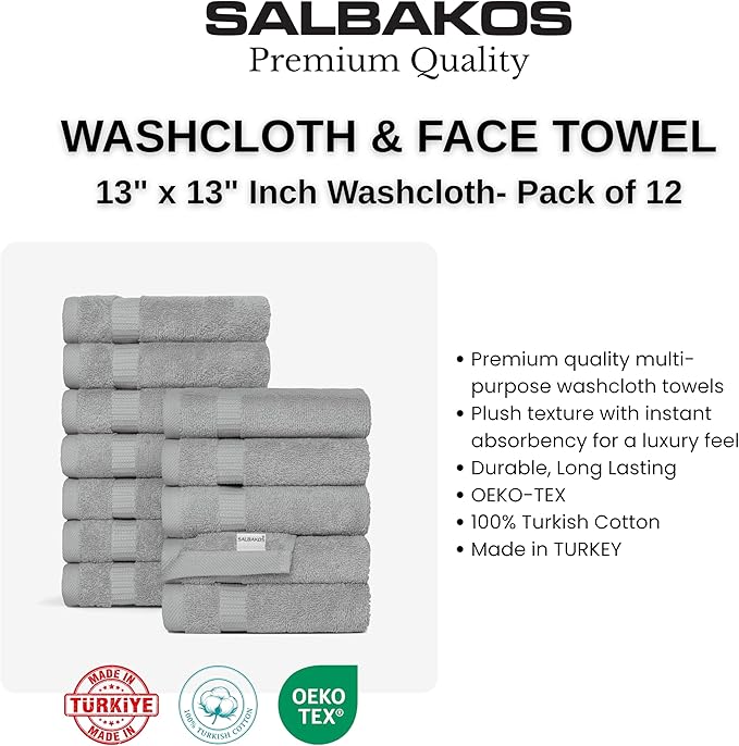 SALBAKOS 100% Turkish Cotton Washcloth Set of 12, 13x13 inch | Premium Quality | Hotel & Spa Collection | Ultra Soft, Super Absorbent, Wash Cloth Towels | Made in Turkey (Silver 12 Pcs Washcloth)